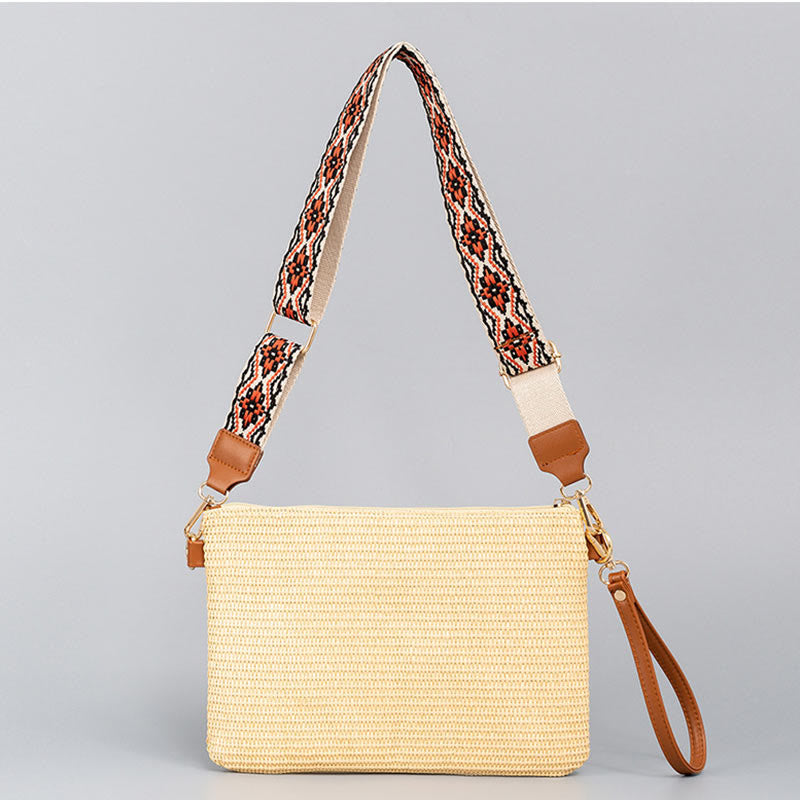 Sac à bandoulière en paille tissée à géométrie colorée avec Buddha Stones Boho