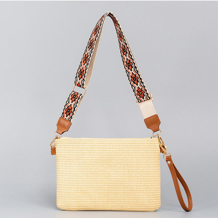 Sac à bandoulière en paille tissée à géométrie colorée avec Buddha Stones Boho