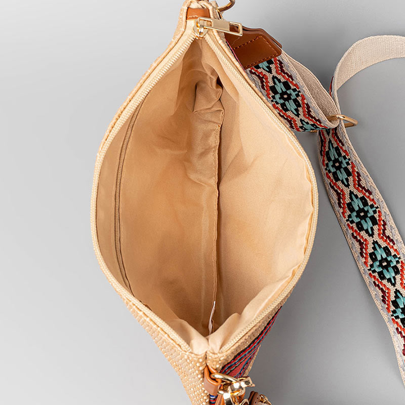 Sac à bandoulière en paille tissée à géométrie colorée avec Buddha Stones Boho