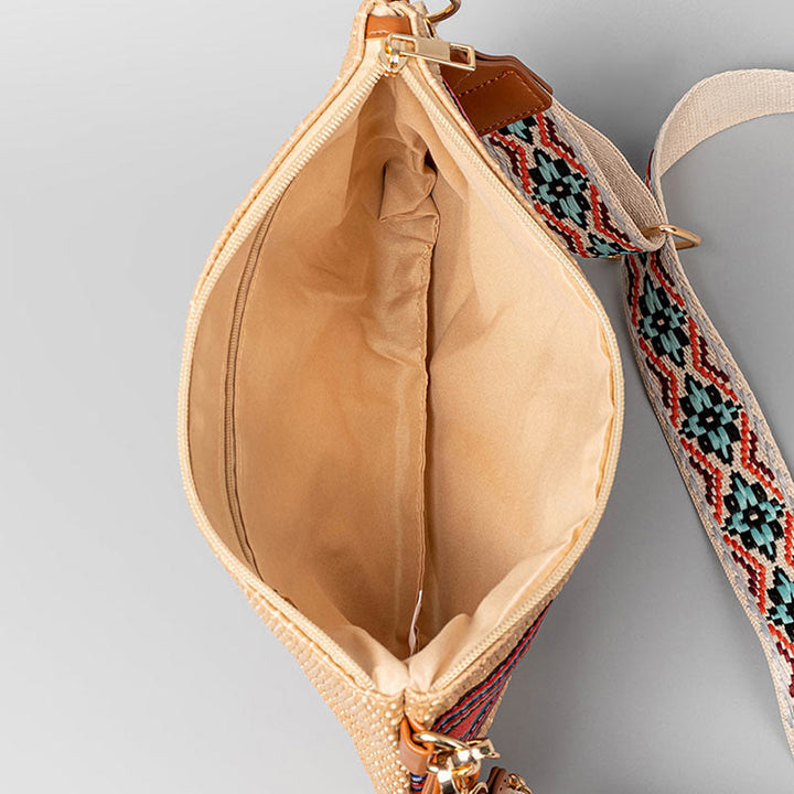 Sac à bandoulière en paille tissée à géométrie colorée avec Buddha Stones Boho
