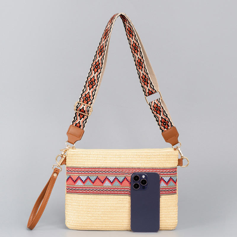 Sac à bandoulière en paille tissée à géométrie colorée avec Buddha Stones Boho