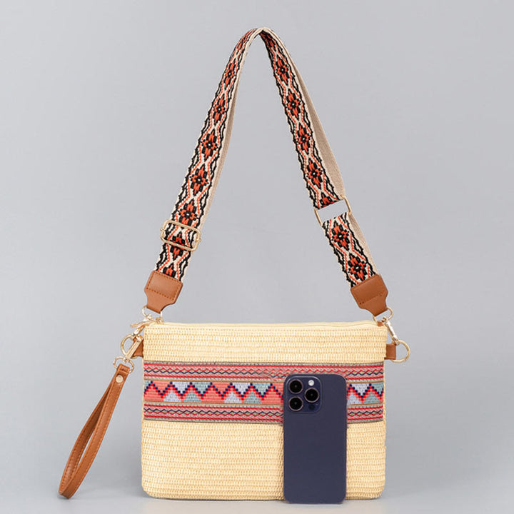 Sac à bandoulière en paille tissée à géométrie colorée avec Buddha Stones Boho