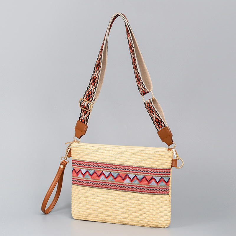 Sac à bandoulière en paille tissée à géométrie colorée avec Buddha Stones Boho