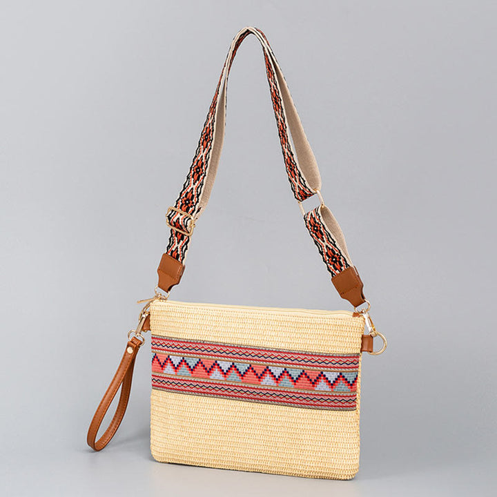 Sac à bandoulière en paille tissée à géométrie colorée avec Buddha Stones Boho