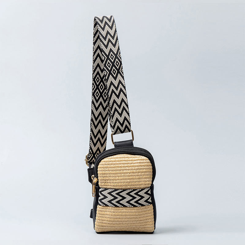 Sac à bandoulière en paille tissée géométrique Buddha Stones Small