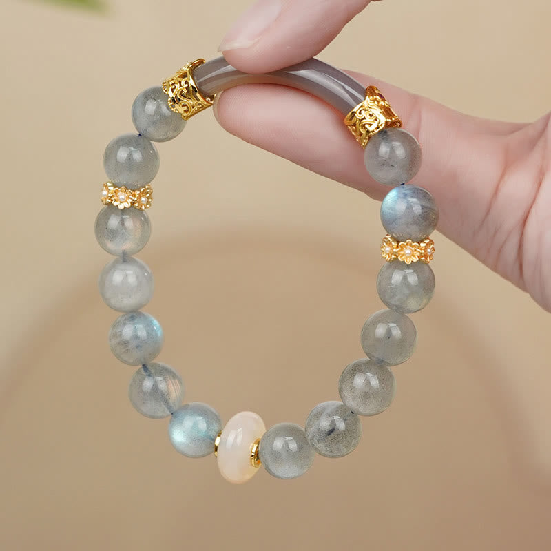 Bracelet de guérison en pierre de lune naturelle et agate grise Buddha Stones - Pierre de lune et agate grise (tour de poignet : 14-15 cm) - image 0