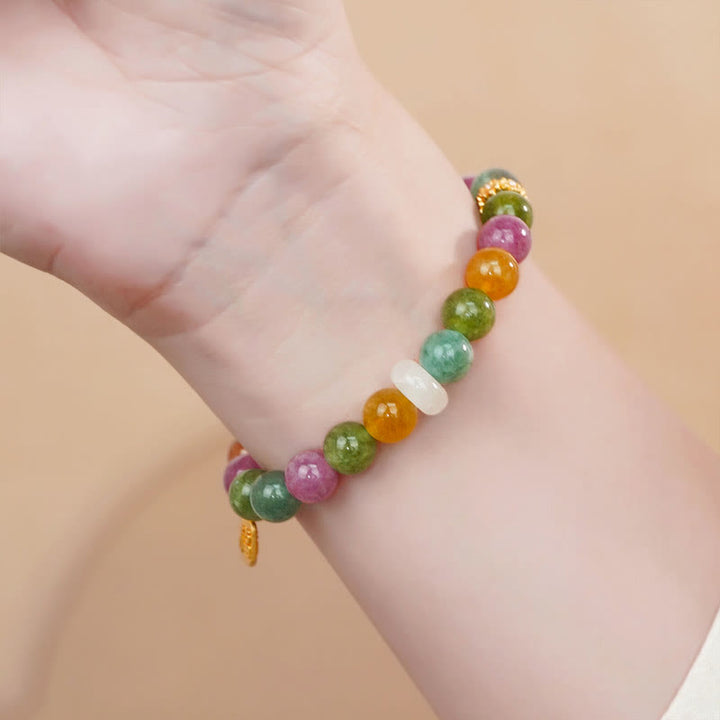 Bracelet à breloques en Buddha Stones colorées en tourmaline et calcédoine avec caractère positif Fu