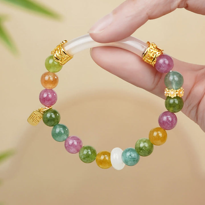 Bracelet à breloques en Buddha Stones colorées en tourmaline et calcédoine avec caractère positif Fu