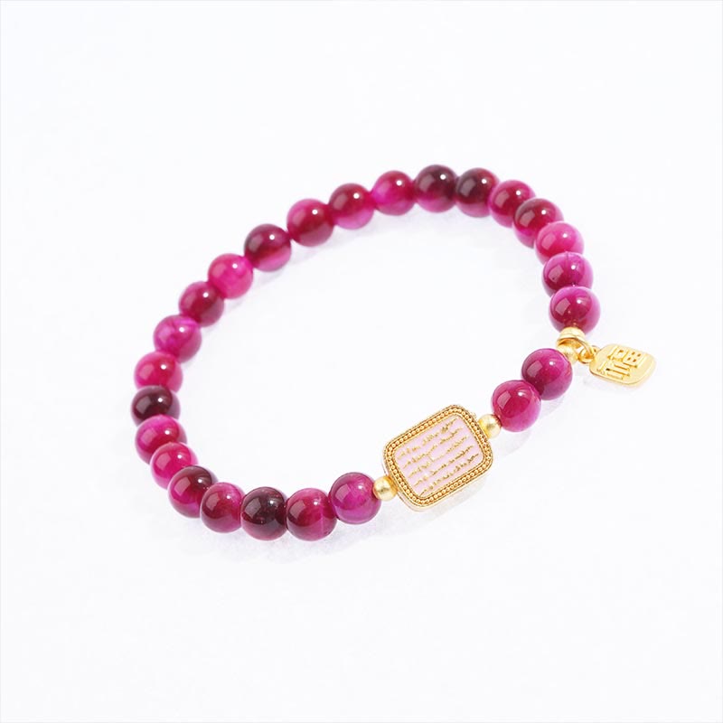 Bracelet de courage avec personnage Fu en œil de tigre rose et rouge Buddha Stones