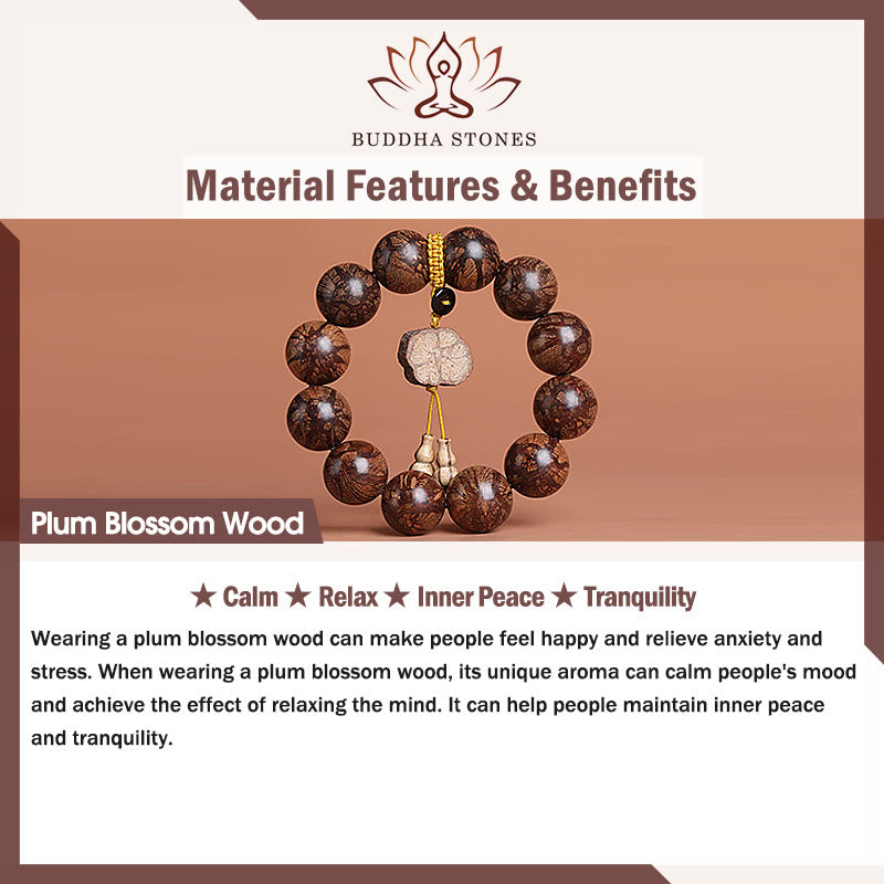 Bracelet de paix intérieure en bois de fleur de prunier et Buddha Stones
