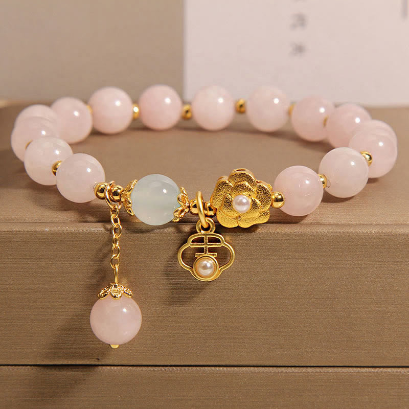 Bracelet de fleurs porte-bonheur en cristal rose naturel Buddha Stones - Cristal rose (Tour de poignet : 14-17 cm) - image 0