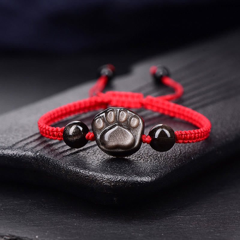 Bracelet tressé apaisant en obsidienne argentée et dorée avec Buddha Stones et griffes de chat - Obsidienne argentée (circonférence du poignet : 15-17 cm) - Griffe de chat à ficelle rouge - image 1