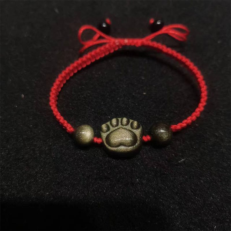 Bracelet tressé apaisant en obsidienne argentée et dorée avec Buddha Stones et griffes de chat - Obsidienne dorée (circonférence du poignet : 15-17 cm) - Griffe de chat à ficelle rouge - image 5