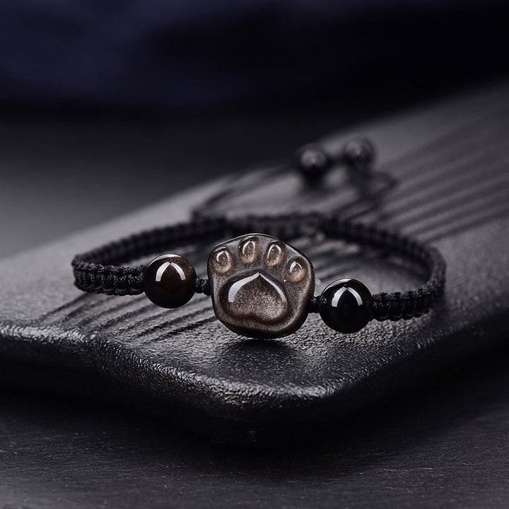 Bracelet tressé apaisant en obsidienne argentée et dorée avec Buddha Stones et griffes de chat - Obsidienne argentée (circonférence du poignet : 15-17 cm) - Cordon noir griffe de chat - image 2