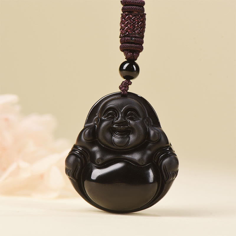 Collier pendentif de purification Buddha Stones en obsidienne noire naturelle et obsidienne glacée
