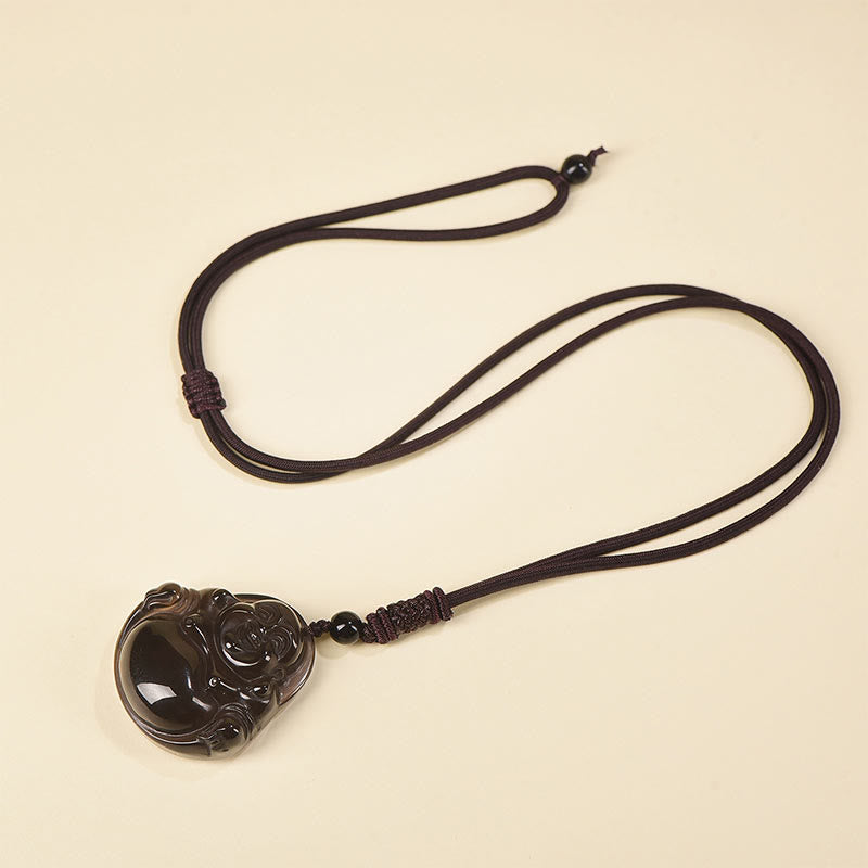 Collier pendentif de purification Buddha Stones en obsidienne noire naturelle et obsidienne glacée