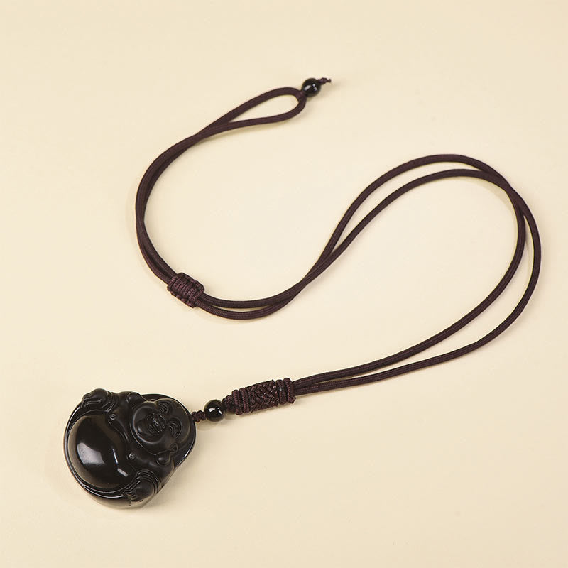 Collier pendentif de purification Buddha Stones en obsidienne noire naturelle et obsidienne glacée