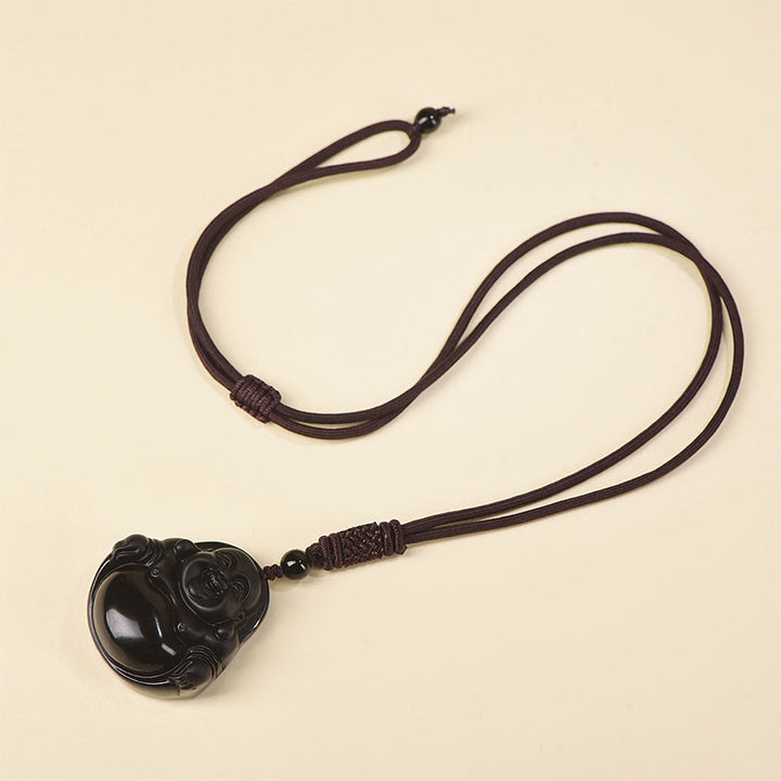 Collier pendentif de purification Buddha Stones en obsidienne noire naturelle et obsidienne glacée