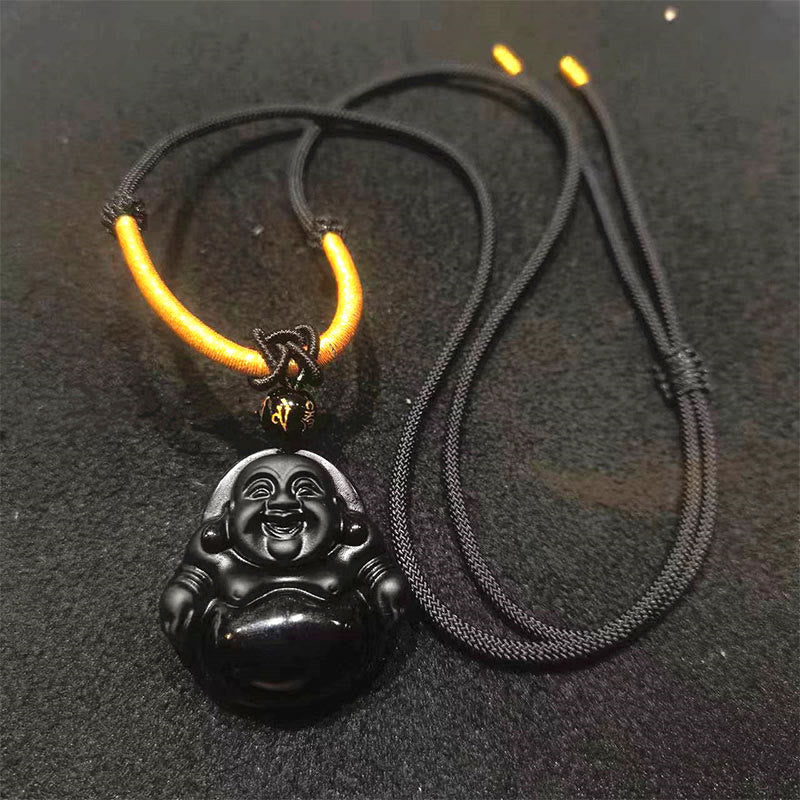 Collier pendentif de purification Buddha Stones en obsidienne noire naturelle et obsidienne glacée