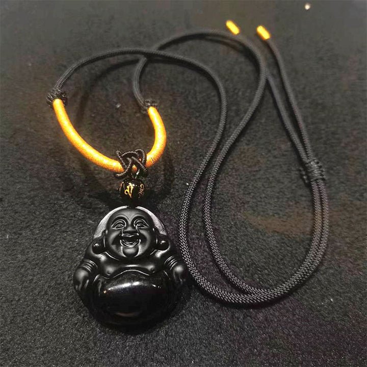 Collier pendentif de purification Buddha Stones en obsidienne noire naturelle et obsidienne glacée