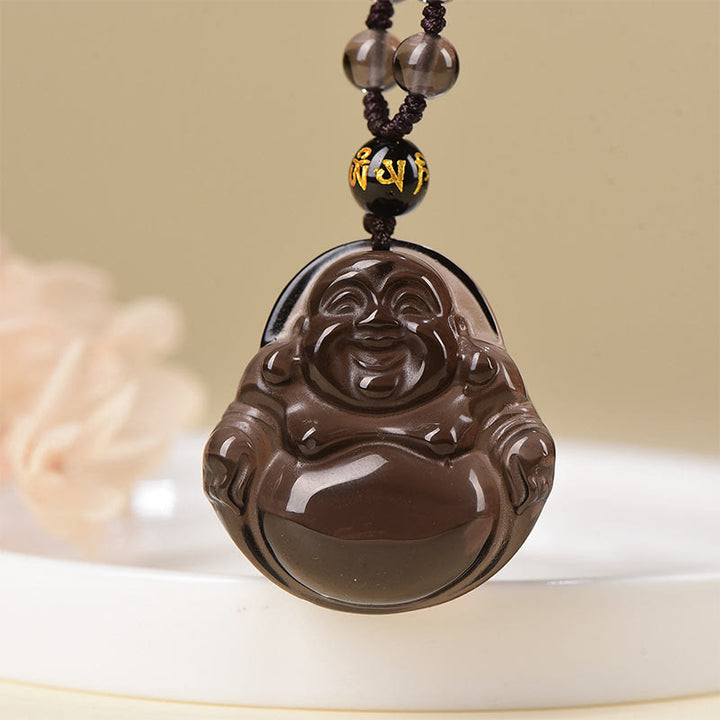 Collier pendentif de purification Buddha Stones en obsidienne noire naturelle et obsidienne glacée
