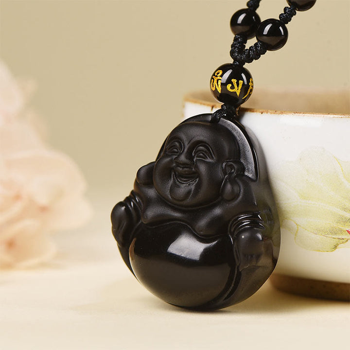 Collier pendentif de purification Buddha Stones en obsidienne noire naturelle et obsidienne glacée