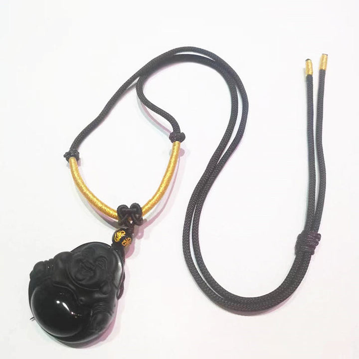 Collier pendentif de purification Buddha Stones en obsidienne noire naturelle et obsidienne glacée