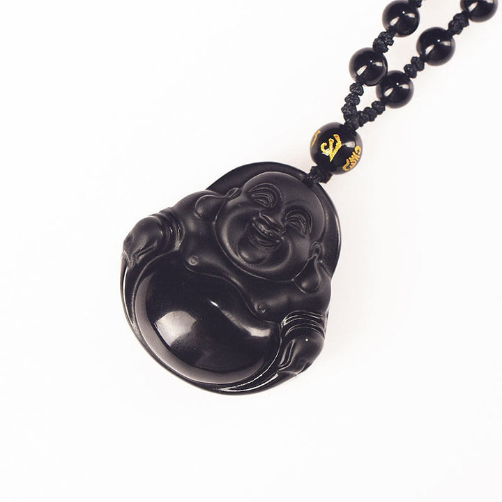 Collier pendentif de purification Buddha Stones en obsidienne noire naturelle et obsidienne glacée