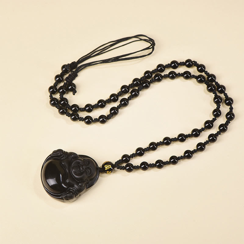 Collier pendentif de purification Buddha Stones en obsidienne noire naturelle et obsidienne glacée