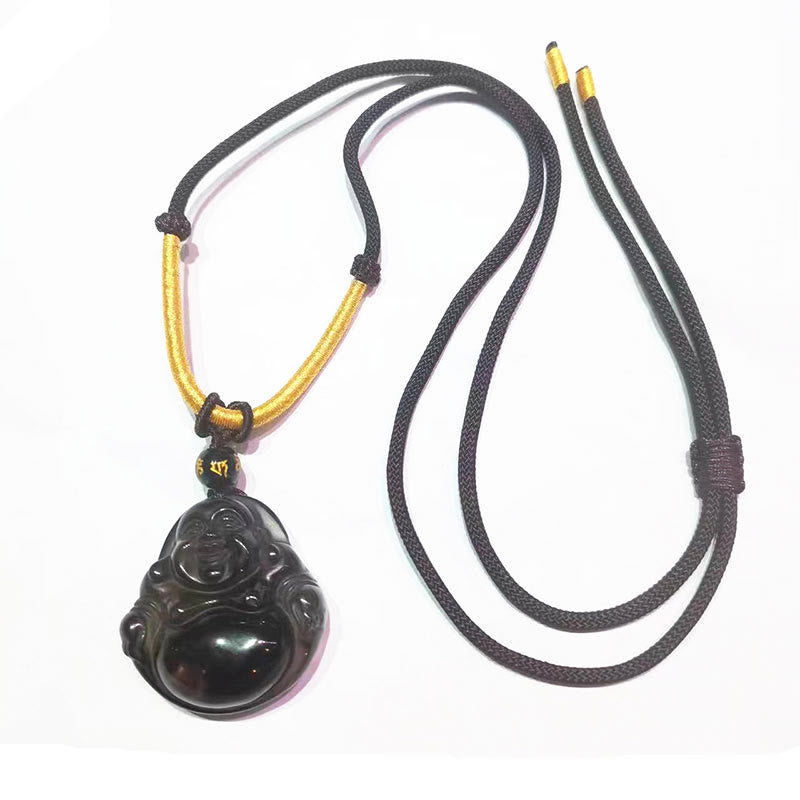 Collier pendentif de purification Buddha Stones en obsidienne noire naturelle et obsidienne glacée