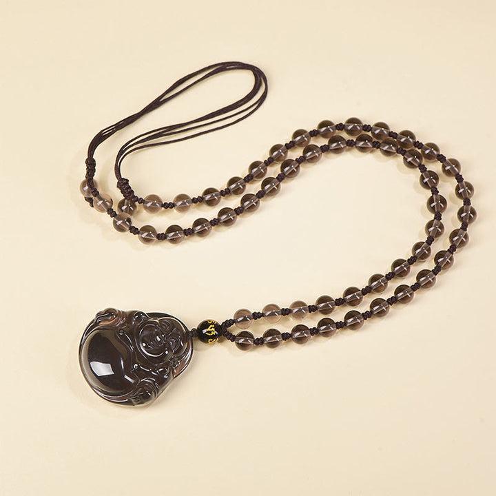Collier pendentif de purification Buddha Stones en obsidienne noire naturelle et obsidienne glacée