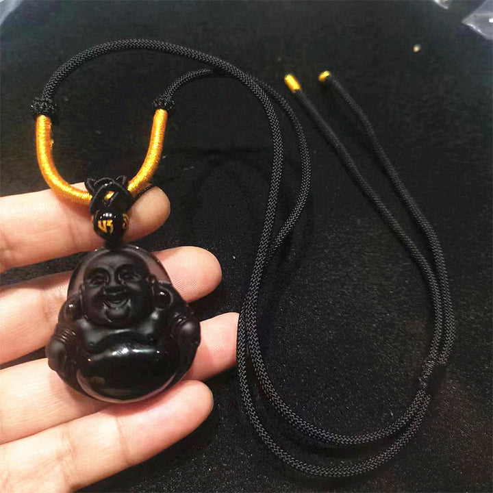 Collier pendentif de purification Buddha Stones en obsidienne noire naturelle et obsidienne glacée