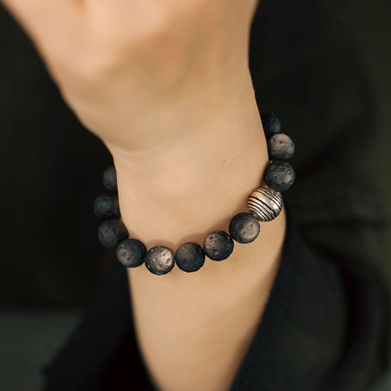 Bracelet de protection contre les météorites lunaires en obsidienne naturelle argentée et brillante de Buddha Stones