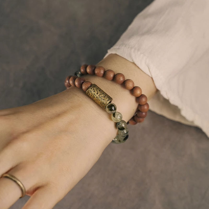 Bracelet de purification en bois de santal naturel en quartz rutile vert Buddha Stones
