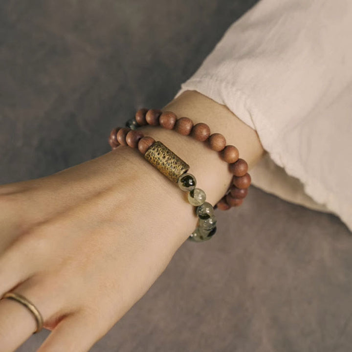 Bracelet de purification en bois de santal naturel en quartz rutile vert Buddha Stones