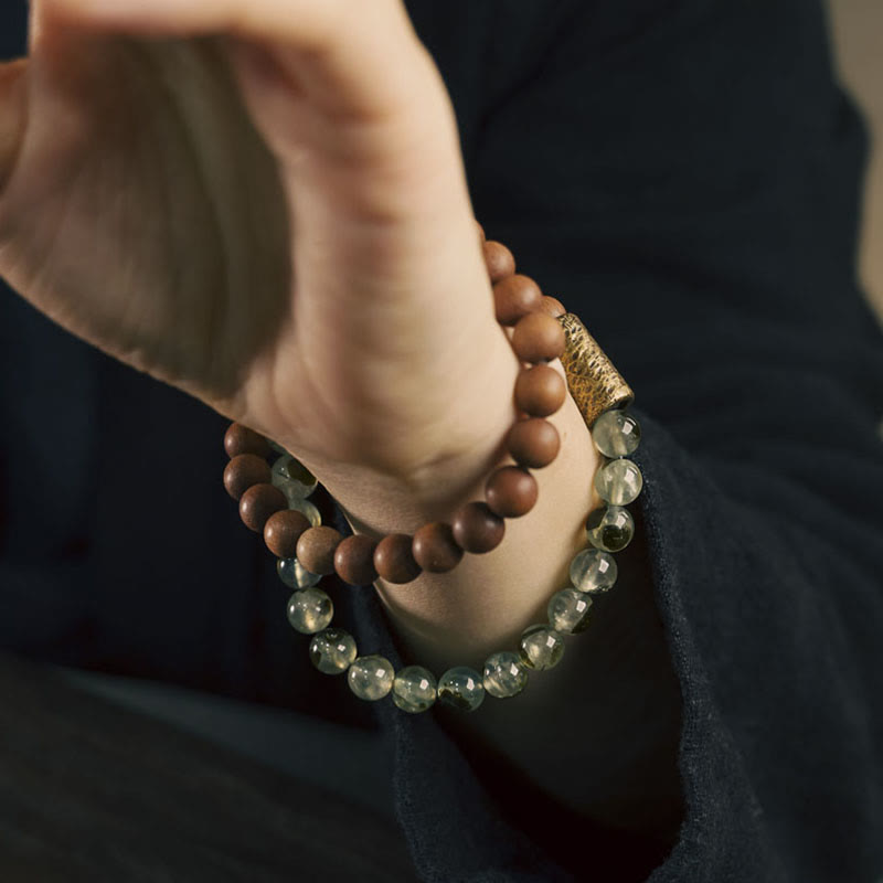 Bracelet de purification en bois de santal naturel en quartz rutile vert Buddha Stones