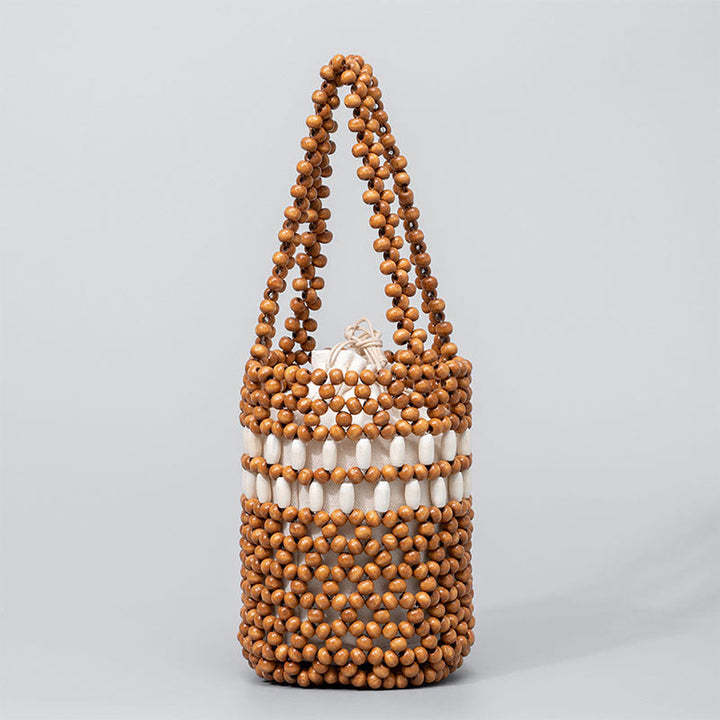 Seau tissé à la main en Buddha Stones , sac à main portable en perles de bois
