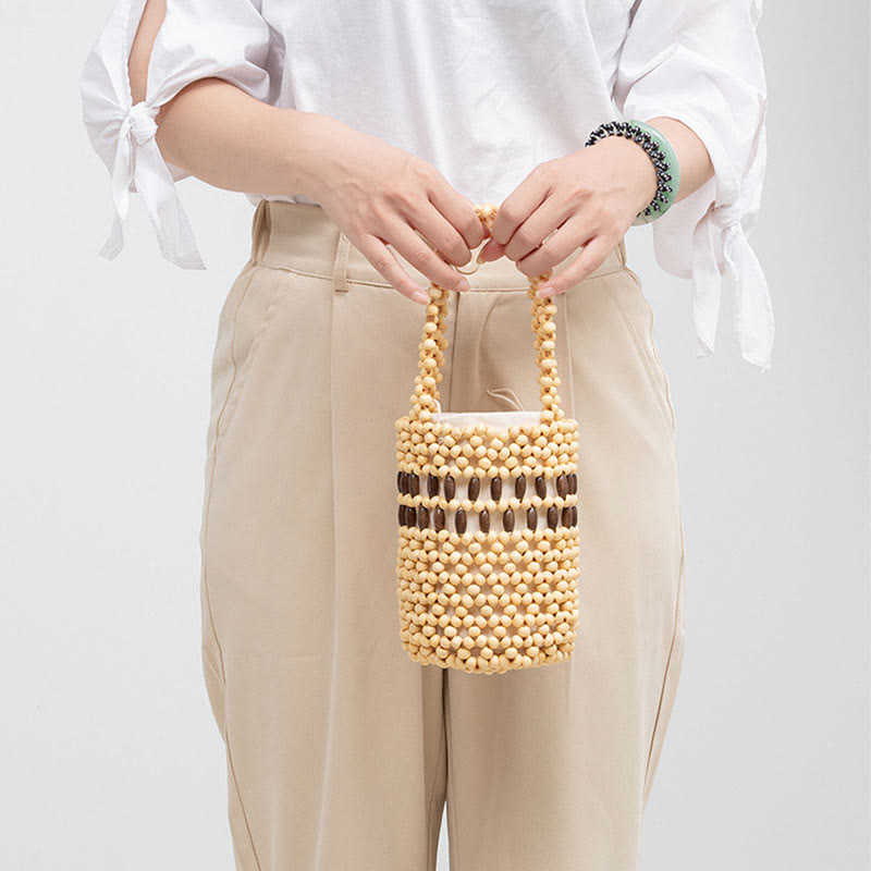 Seau tissé à la main en Buddha Stones , sac à main portable en perles de bois