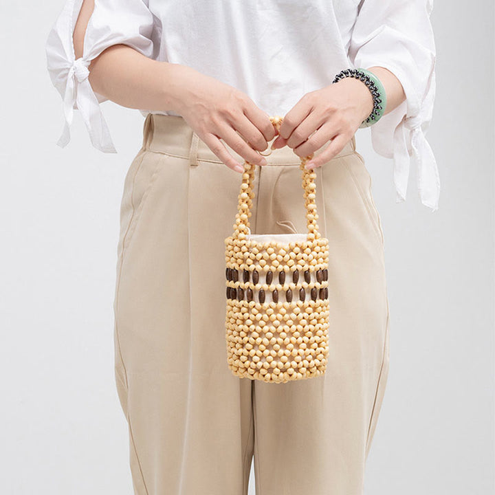 Seau tissé à la main en Buddha Stones , sac à main portable en perles de bois