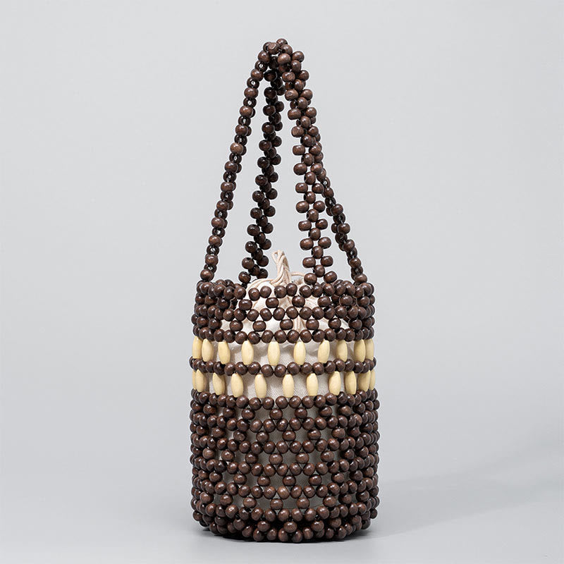 Seau tissé à la main en Buddha Stones , sac à main portable en perles de bois
