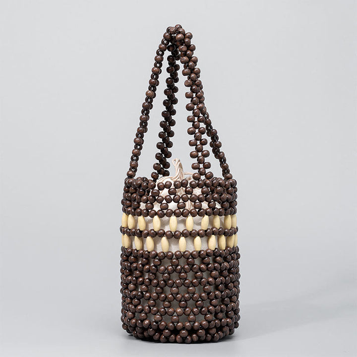 Seau tissé à la main en Buddha Stones , sac à main portable en perles de bois