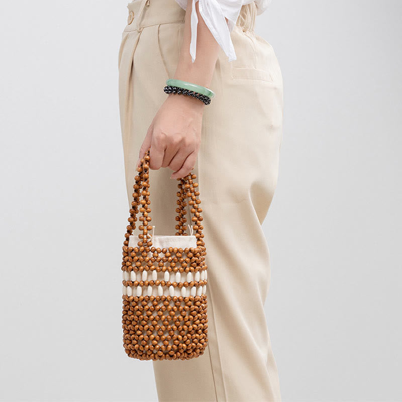 Seau tissé à la main en Buddha Stones , sac à main portable en perles de bois