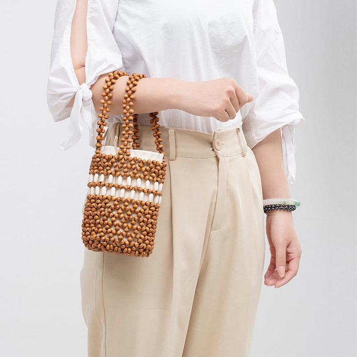 Seau tissé à la main en Buddha Stones , sac à main portable en perles de bois