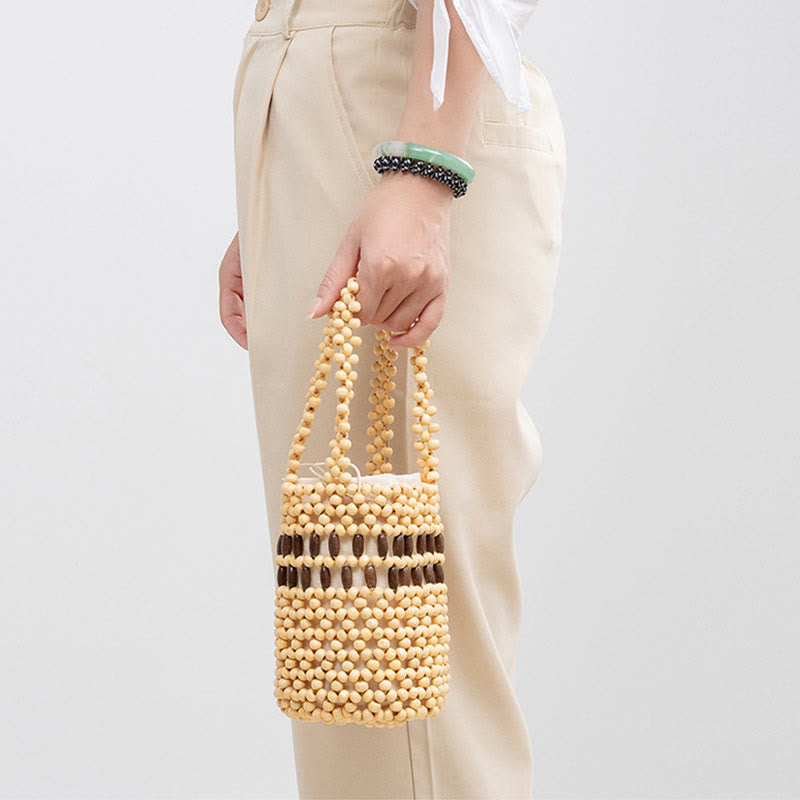 Seau tissé à la main en Buddha Stones , sac à main portable en perles de bois