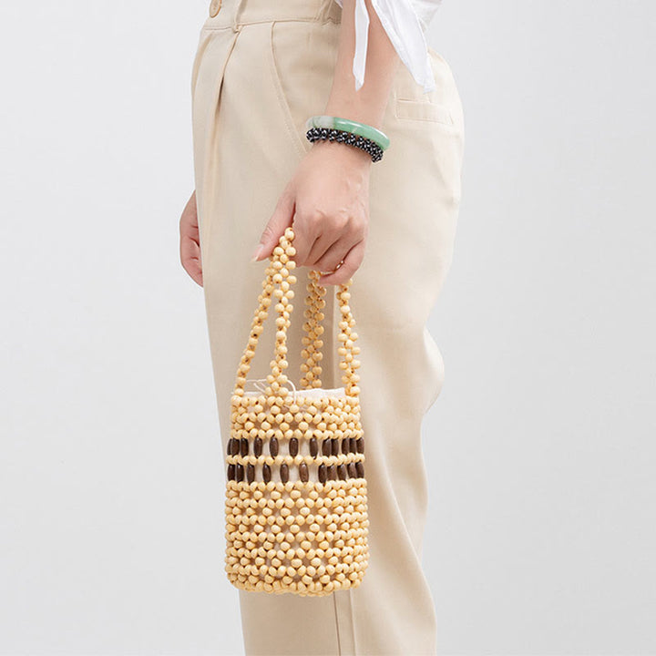 Seau tissé à la main en Buddha Stones , sac à main portable en perles de bois
