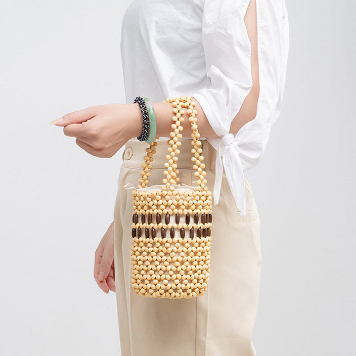 Seau tissé à la main en Buddha Stones , sac à main portable en perles de bois