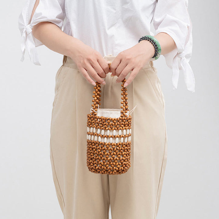 Seau tissé à la main en Buddha Stones , sac à main portable en perles de bois