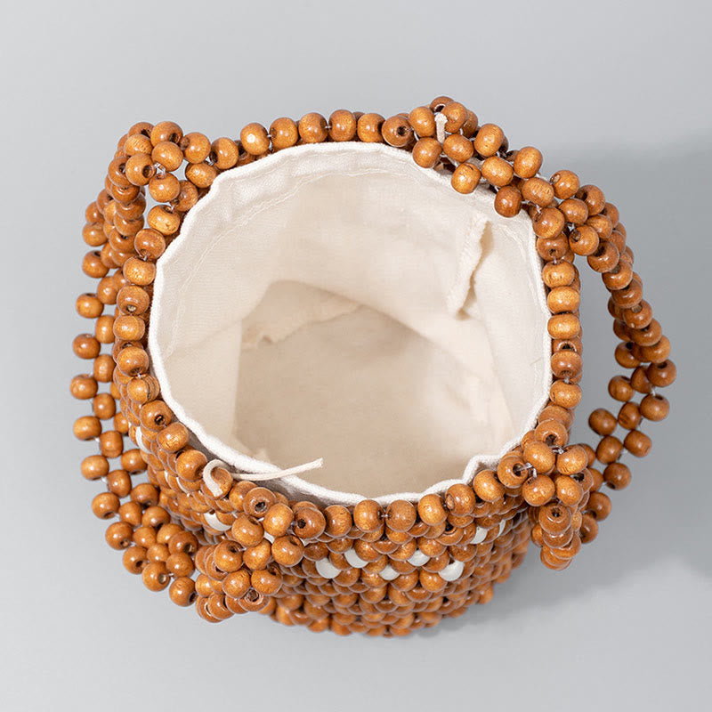 Seau tissé à la main en Buddha Stones , sac à main portable en perles de bois