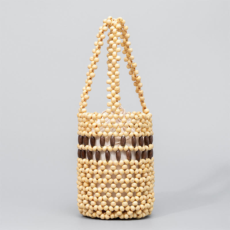 Seau tissé à la main en Buddha Stones , sac à main portable en perles de bois
