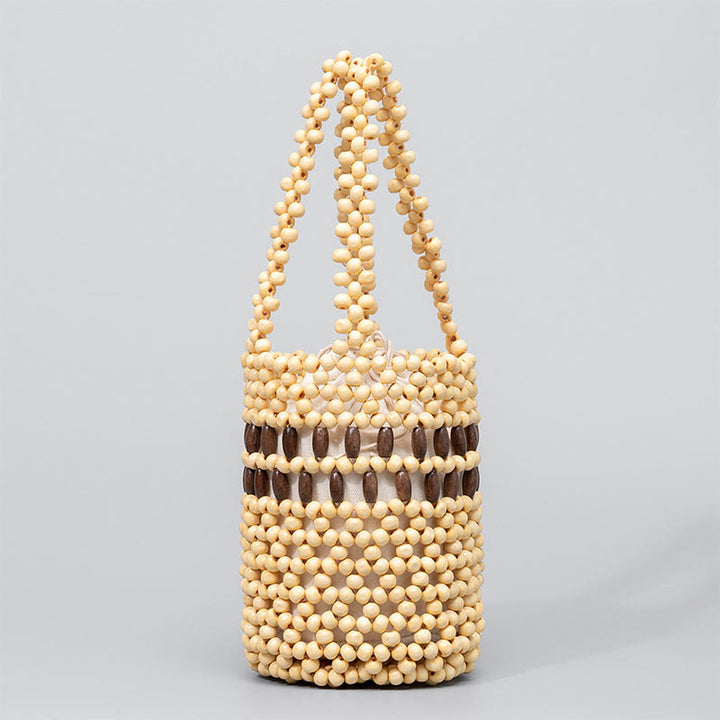 Seau tissé à la main en Buddha Stones , sac à main portable en perles de bois